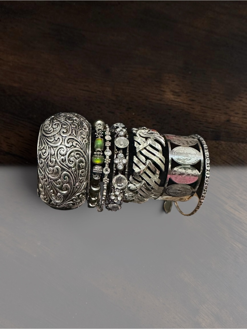 Bohemian Silver Accent Bracelet Stack Set Ornate Cuff Rhinestone Green Bead